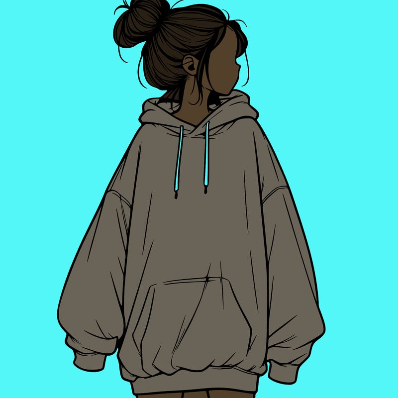 realistic girl with a oversized sweatshirt on and a bun