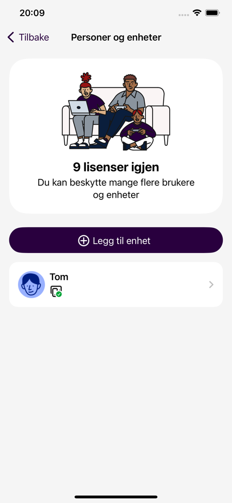 Telia Trygg - Telia Trygg app interface showing family device management and remaining licenses