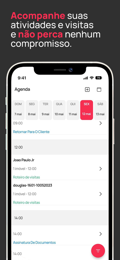Kenlo Imob - Aplicativo Kenlo Imob mostrando uma agenda diária com compromissos e rotas de visita para profissionais imobiliários em um iPhone.