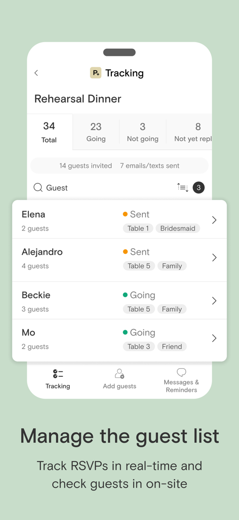 Paperless Post: Invitations - A mobile interface from the Paperless Post app showing RSVP tracking and guest list management for a rehearsal dinner