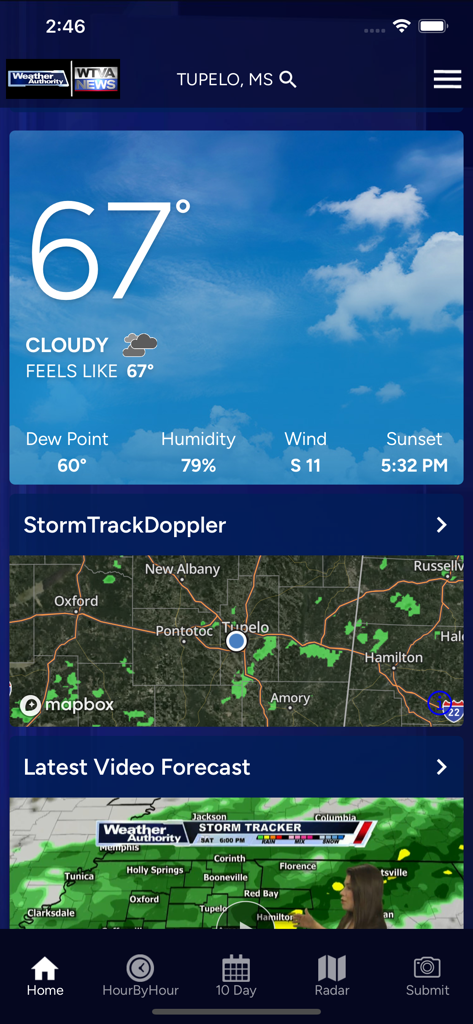 WTVA Weather app home screen showing current temperature, local radar map, and video forecast for Tupelo Mississippi