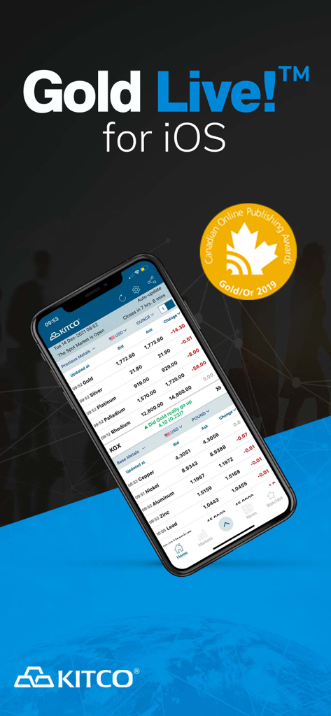 Gold Live app for iOS displaying real time precious and base metal prices