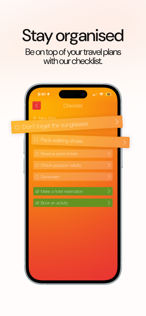 Ready Set Vacation! Countdown - A smartphone screen displaying a travel checklist with items like packing walking shoes and checking passport validity inside the Ready Set Vacation app.