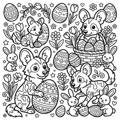 Dive into a charming Easter scene featuring playful African Wild Dogs, fluffy bunnies, and beautifully decorated eggs. This delightful coloring page is perfect for celebrating the season with creativity and joy.