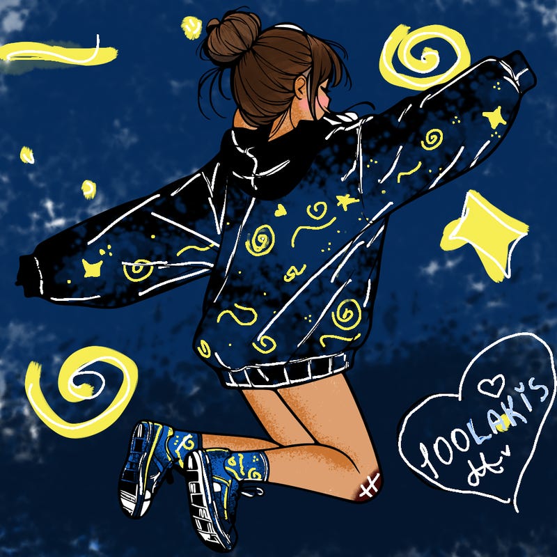 realistic girl jumping with a bun and oversized sweatshirt
