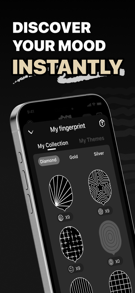 SoulSync: Connect Beyond Words - SoulSync mobile app interface showing a collection of unique emotional fingerprint patterns used for mood tracking and discovery.