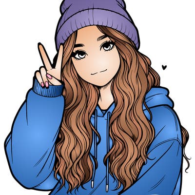 a teenage girl in a beanie, oversized sweatshirt, wavy long hair, and is showing a ✌️