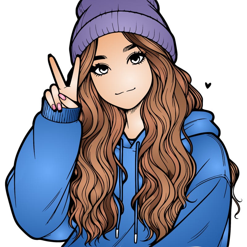 a teenage girl in a beanie, oversized sweatshirt, wavy long hair, and is showing a ✌️