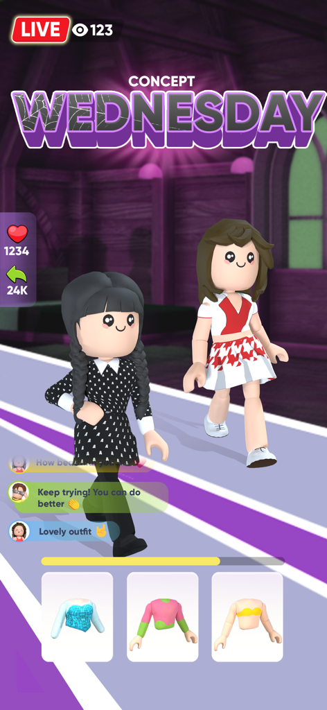 Two avatars competing in a Wednesday Addams themed catwalk battle with live social media comments and outfit selection.