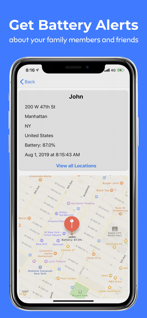 Phone Tracker By Number - Interface do aplicativo Rastreador de Celular mostrando a localização e o status da bateria de um membro da família em um mapa