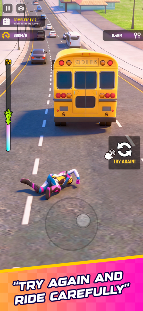 Rush Bike 3D: Bike Racing Game - Biker fallen on a highway behind a school bus in Rush Bike 3D with a try again prompt