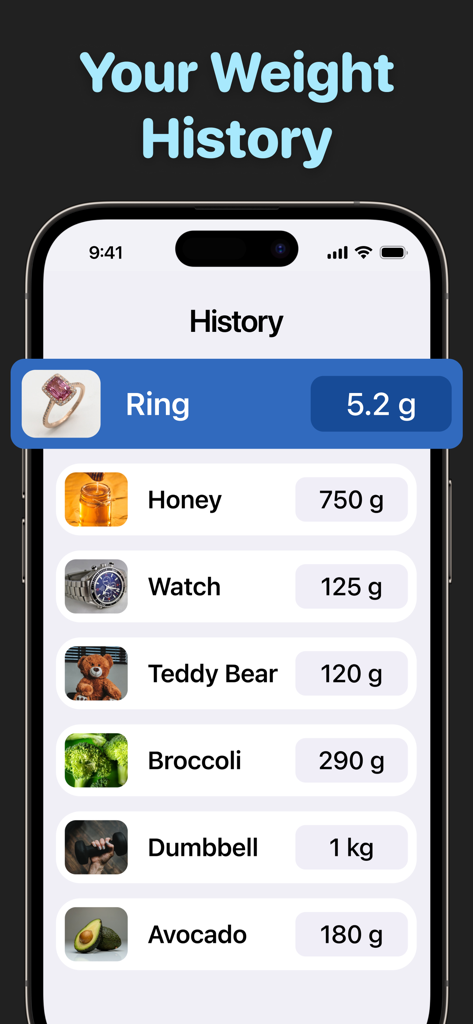 Scale Gram Digital Weight AI - 推定グラム測定値の計量済みアイテムの履歴を表示するスマートフォン画面