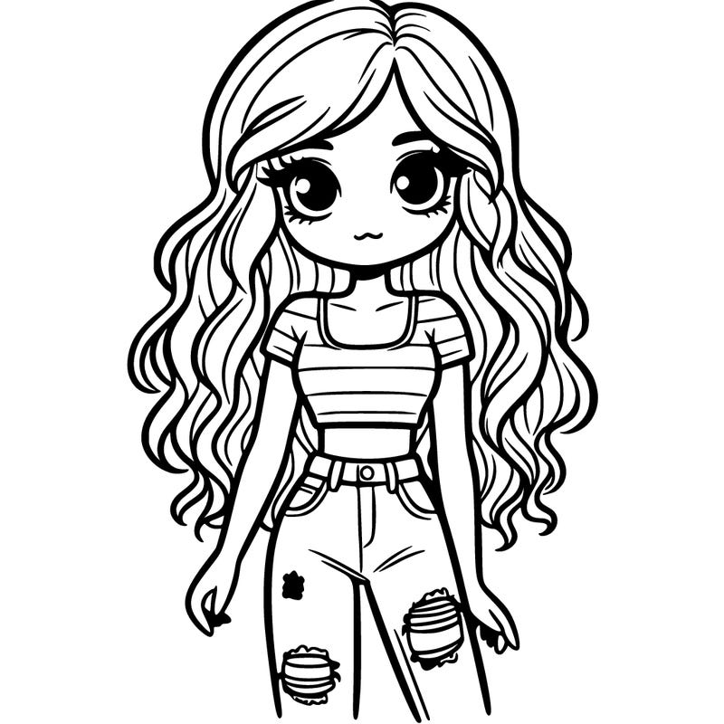 a girl with long wavy hair and has a crop top and ripped jeans on