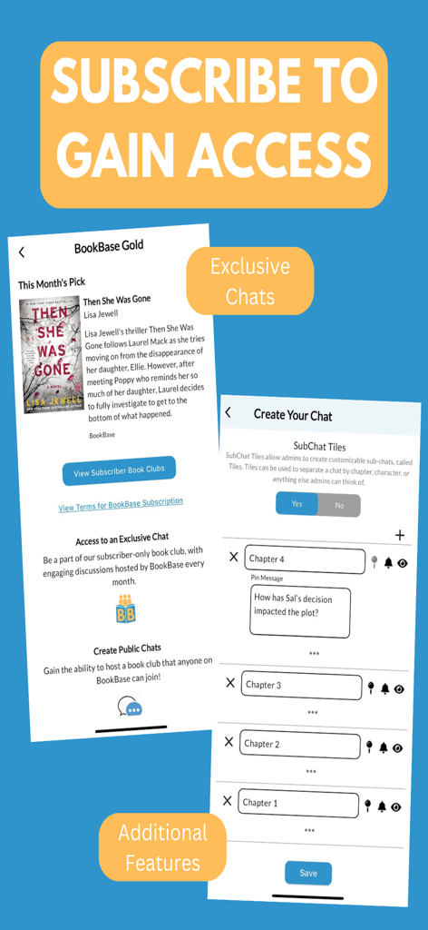 BookBase - Promotion of BookBase Gold membership features including exclusive book club chats and organized subchat tiles for chapters.