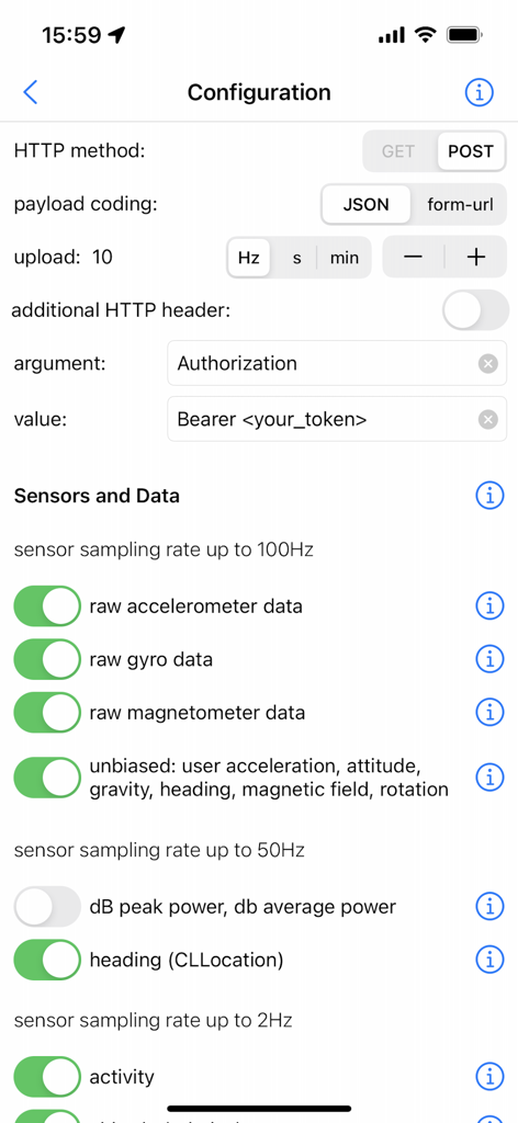 SensorLog - SensorLog app configuration screen showing HTTP settings and sensor sampling rate toggles for raw data collection.