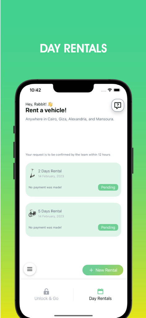 Rabbit Mobility - Rabbit Mobility app interface for multi day electric vehicle rentals