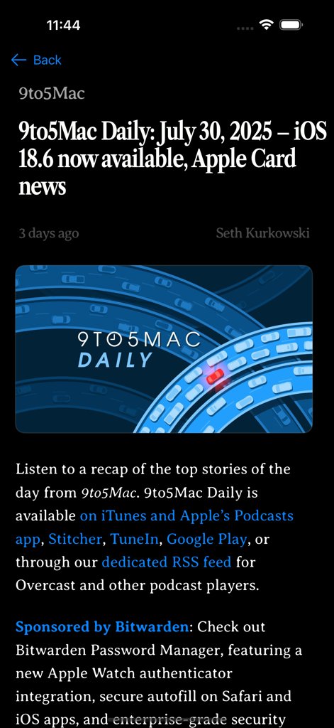 Eine detaillierte Artikelansicht von 9to5Mac innerhalb des NiceNews RSS-Reader-Apps im Dark-Mode
