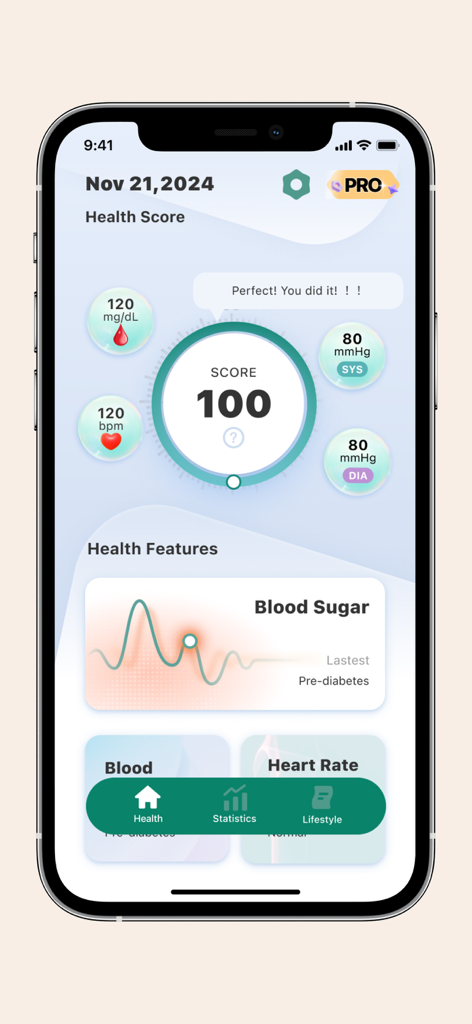 Health Life - BloodSugar & BP - iPhone screenshot of the Health Life app showing a daily health score and vitals like blood sugar and blood pressure