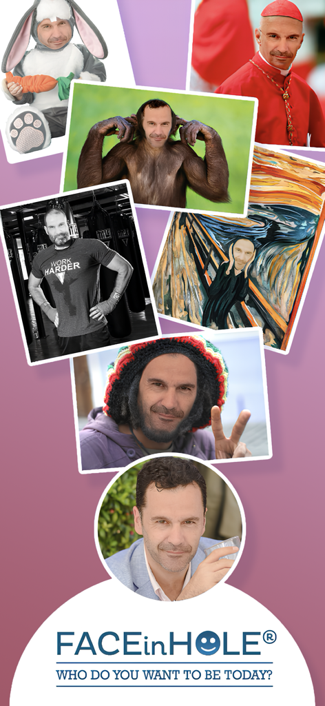 FACEinHOLE® - A collage of humorous face-in-hole scenarios including a chimpanzee, a bunny, and a famous painting parody.