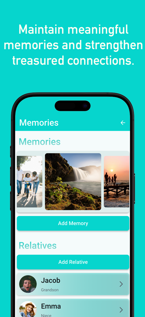 Recollect - Dementia Care - Recollect Demenzpflege-App-Oberfläche mit Familienerrinnerungen und Liste der Verwandten