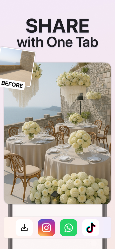 AI Party Design: Event Planner - AIパーティーデザインアプリのスクリーンショット。ソーシャルメディア共有ボタン付きの、高級結婚式会場のビフォーアフターの変身を表示