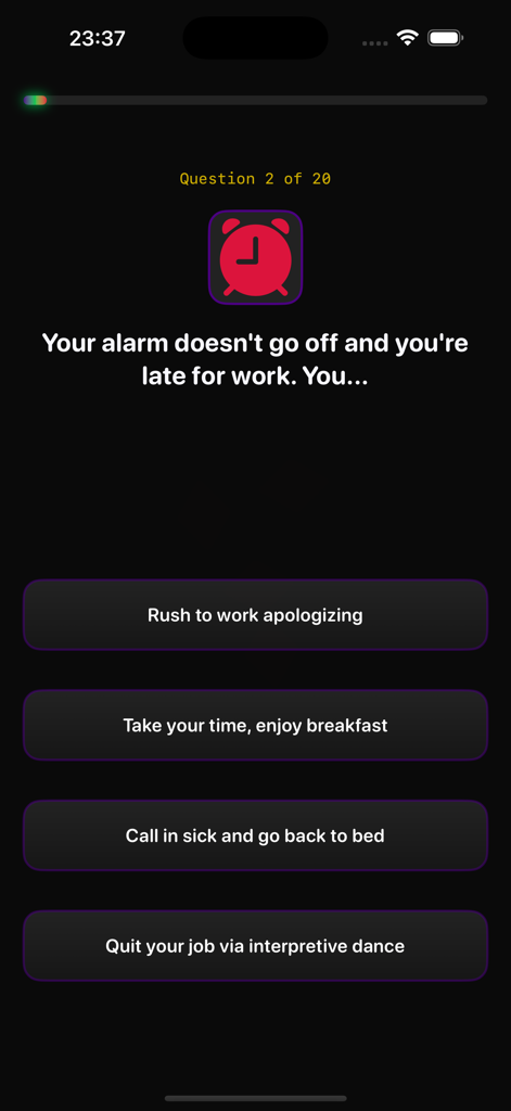 Clown Path - A dark neon themed quiz screen from the Clown Path app asking a chaotic question about missing an alarm.