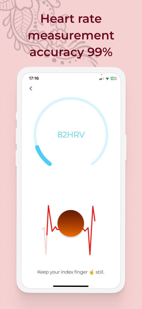 Period tracker : My Calendar - Interface of the Period Tracker app showing heart rate variability measurement with 99 percent accuracy.