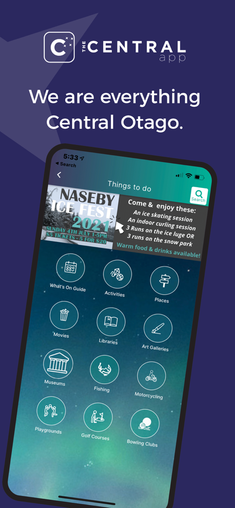 The Central App - 활동, 낚시, 박물관 등 다양한 지역 활동 아이콘이 있는 '할 일(Things to do)' 섹션을 보여주는 The Central App 인터페이스