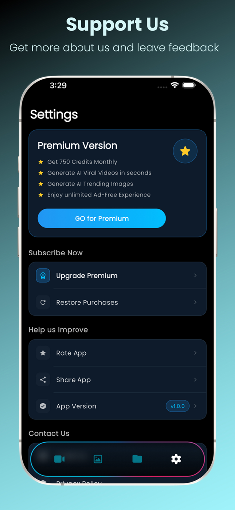 Bing video creator - Settings page of the Bing video creator app showing premium subscription benefits and app information.
