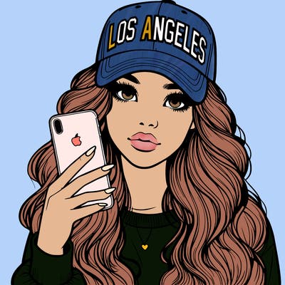 realistic beautiful girl wearing los ángeles cap holding an iphone