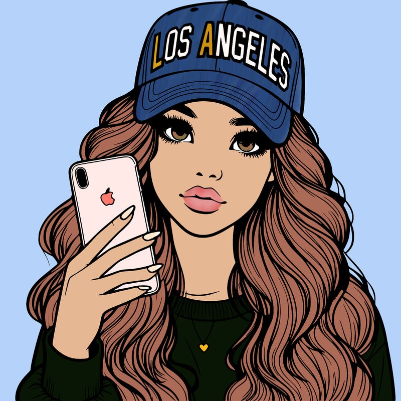 realistic beautiful girl wearing los ángeles cap holding an iphone