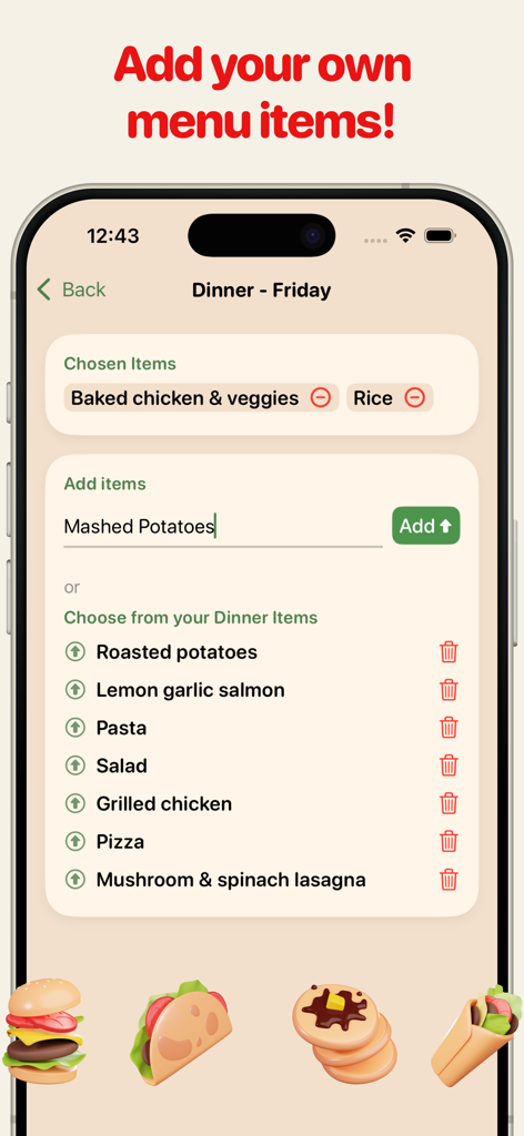 Weekly Meal Planner - Mealy - Oberfläche der Mealy App, die zeigt, wie benutzerdefinierte Menüpunkte für einen Essensplan hinzugefügt und ausgewählt werden.