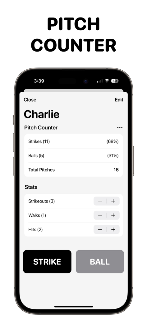 Pitch counter interface in the Radar Gun For Baseball app showing strikes balls and total pitches for a player named Charlie