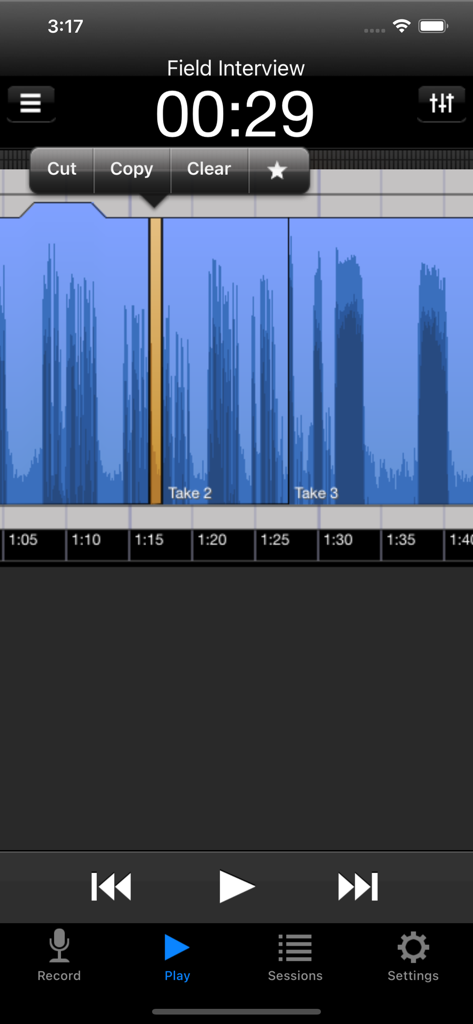 Hindenburg Field Recorder app showing audio waveform editing with cut and copy options during a field interview session.