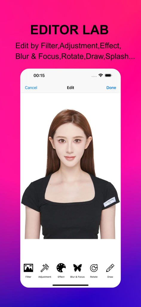 Mobile app interface of Editor Lab showing a portrait photo being edited with tools for filters and effects