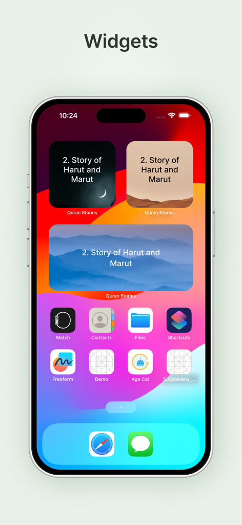 Quran Stories in Islam - iPhone home screen displaying three different sized widgets for the Quran Stories app featuring the story of Harut and Marut.