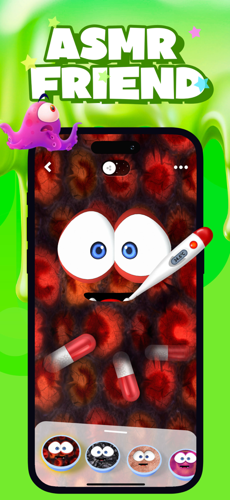 A red virtual slime pet being cared for with a thermometer and medicine pills in the Slime Pet ASMR app.