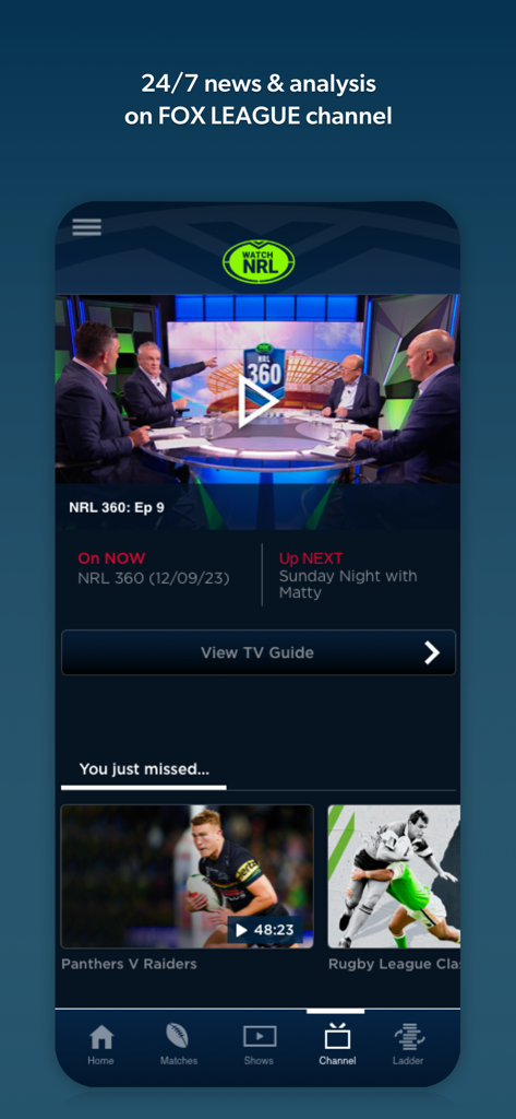 Watch NRL - Watch NRL app interface displaying the Fox League channel with rugby news and analysis programs