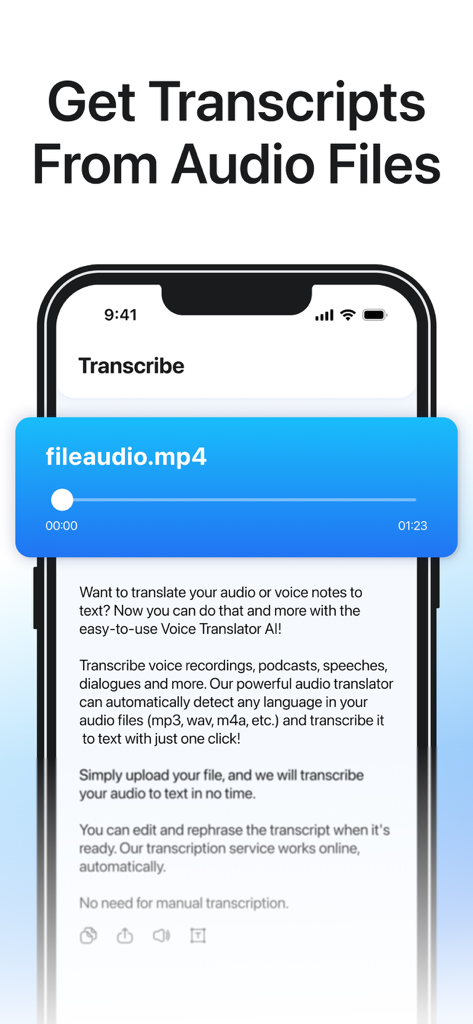 Say: Instant Audio Translator - Pantalla de smartphone que muestra la función de transcripción de audio a texto en la aplicación Say