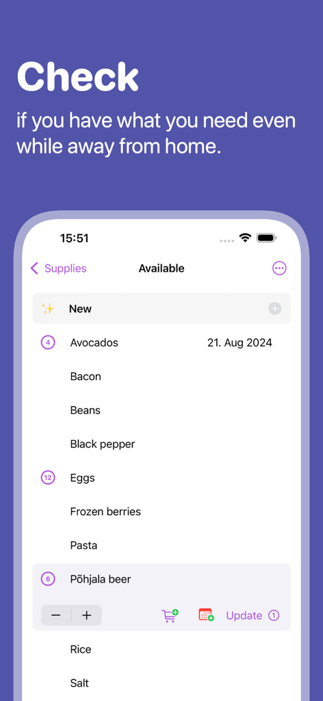 Supplies - home inventory app - Supplies app showing a list of available household food items like avocados, eggs, and bacon on an iPhone screen
