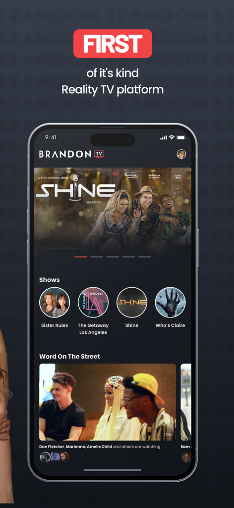 Brandon TV - Brandon TV app home screen showing featured reality shows like Shine and community interaction feed