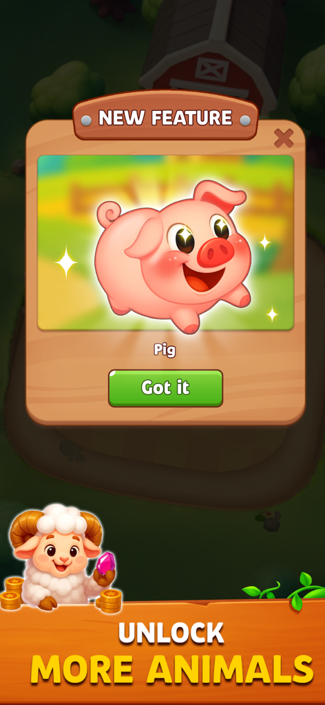 Pantalla emergente de la nueva función de Sheep Out Farm Escape 3D que muestra un adorable personaje de cerdo y un mensaje para desbloquear más animales