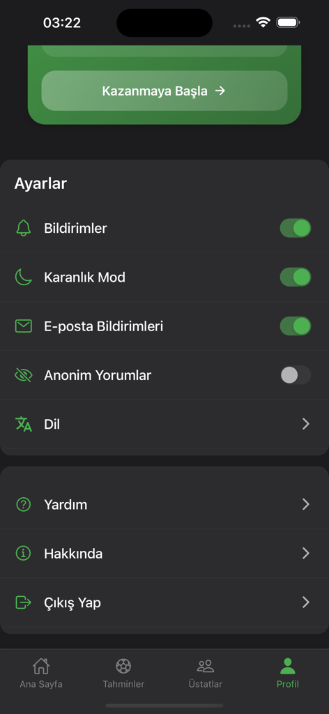 Futbol Üstatları - Tahmin - Pantalla de perfil y configuración de la aplicación Futbol Ustatlari mostrando opciones para notificaciones, modo oscuro y configuración de idioma