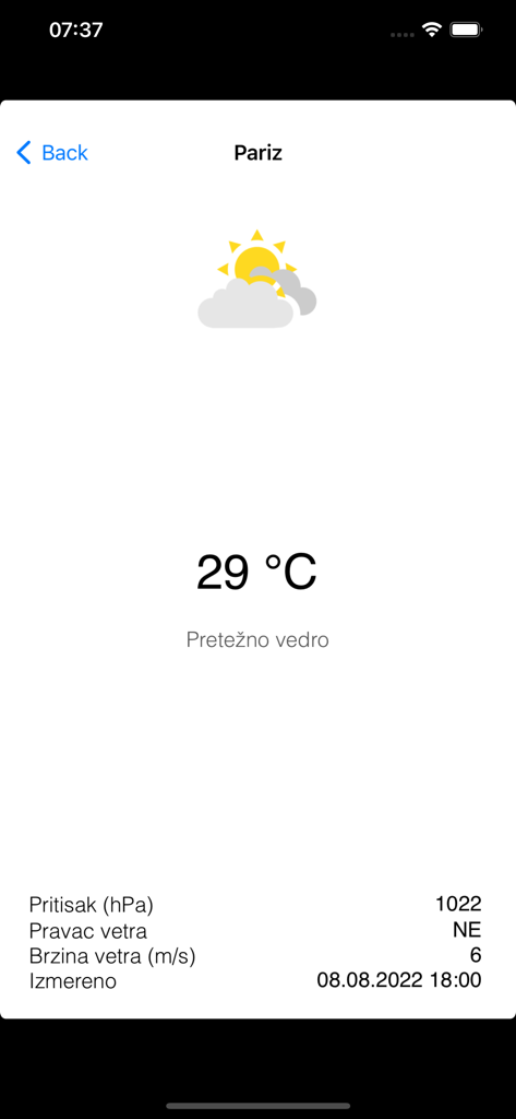 RHMZ - RHMZ mobile app interface showing current weather in Paris with 29 degrees Celsius and mostly clear conditions