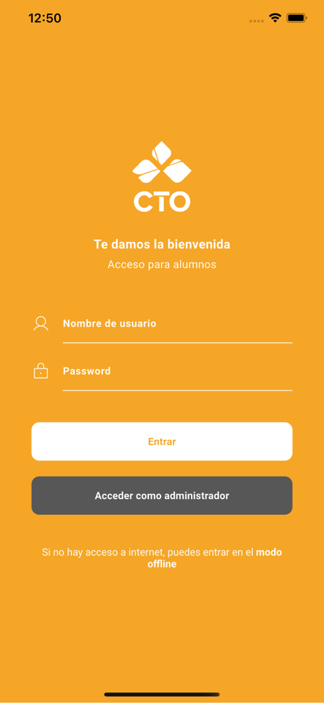 Pantalla de inicio de sesión de la app médica de formación CTO que muestra campos de acceso para estudiante con nombre de usuario y contraseña sobre un fondo naranja
