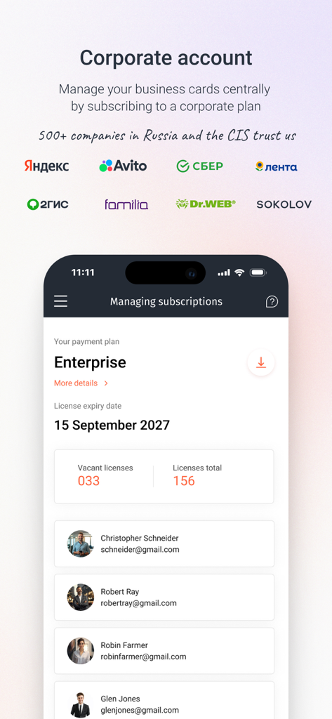 Dashboard view of the MyQRcards app managing a corporate enterprise account and employee licenses.