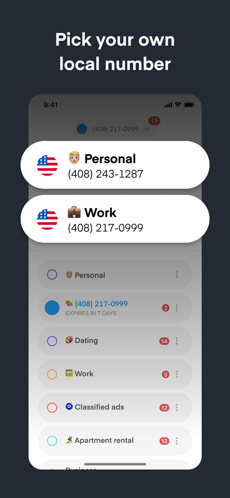 Interface of the Phoner app showing a list of virtual local phone numbers categorized for personal use, work, dating, and classified ads.