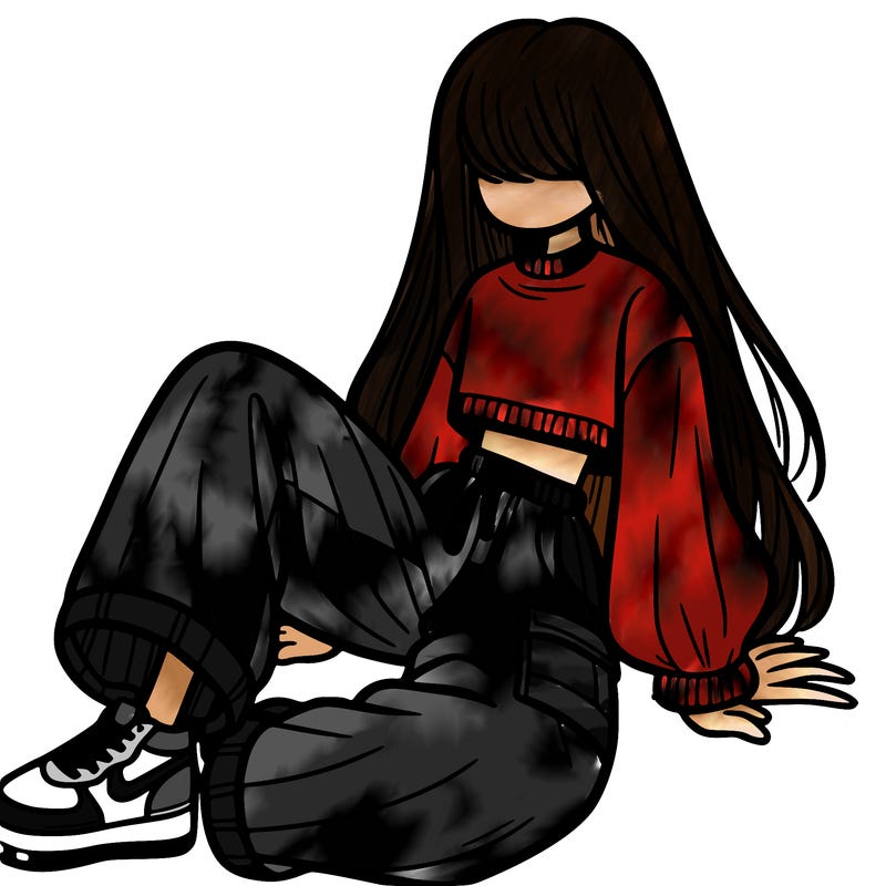 a girl with baggy pants and a crop top with long hair