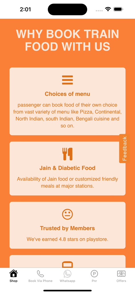 Gofoodieonline 앱 인터페이스, 기차 여행자를 위한 메뉴 다양성과 특수 식이 옵션 표시