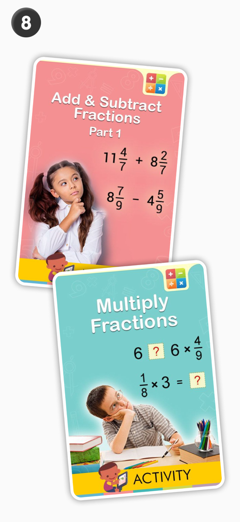 Educational cards from the Math Master app showing 4th grade fraction addition and multiplication activities.